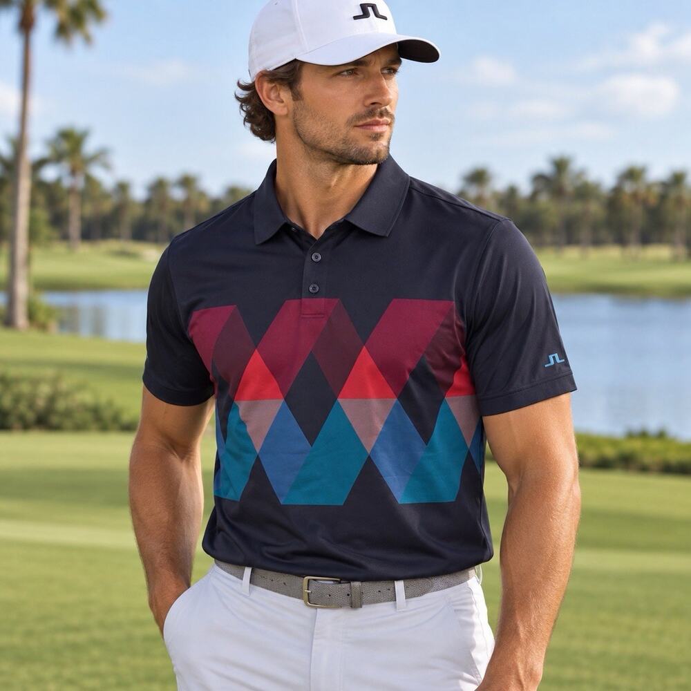 J.Lindeberg Angus Golf Polo Shirt Men’s M Navy Geometric Colorblock Regular Fit
